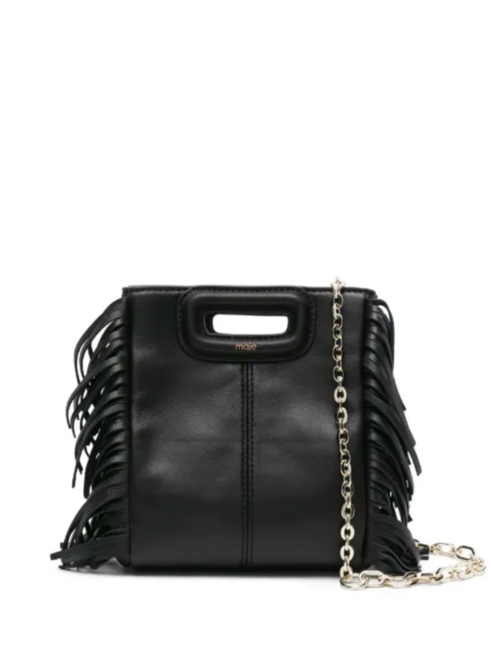Maje Mini Black Leather Fringe Bag with Gold Chain and Magnetic Closure